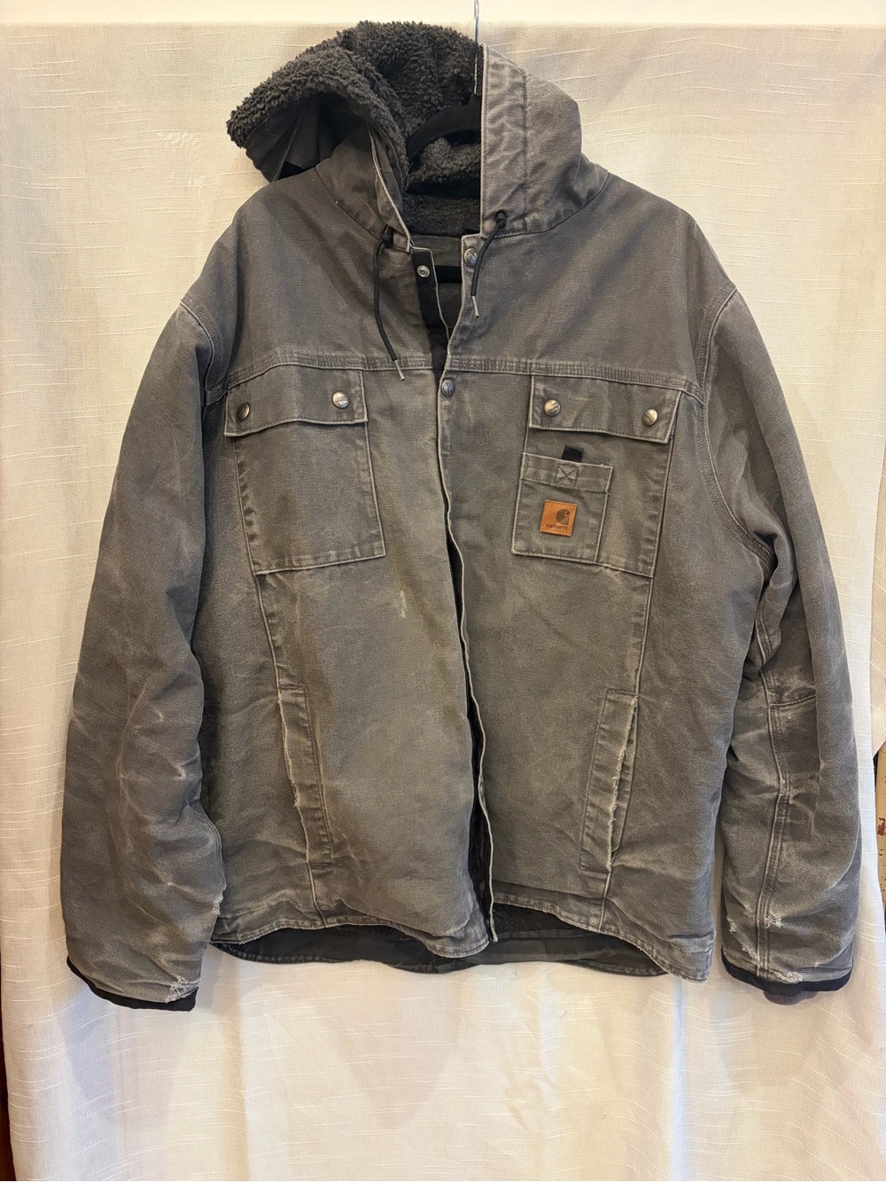 Carhartt Men's Dark Gray Hooded Work Jacket with Sherpa Lining